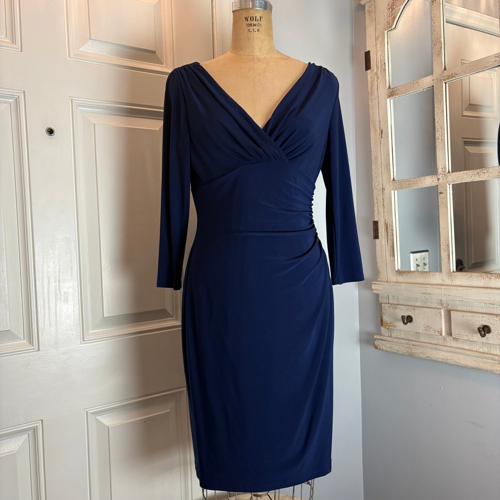 Lauren Ralph Lauren Navy Blue Ruched V-Neck Sheath Dress Size 8